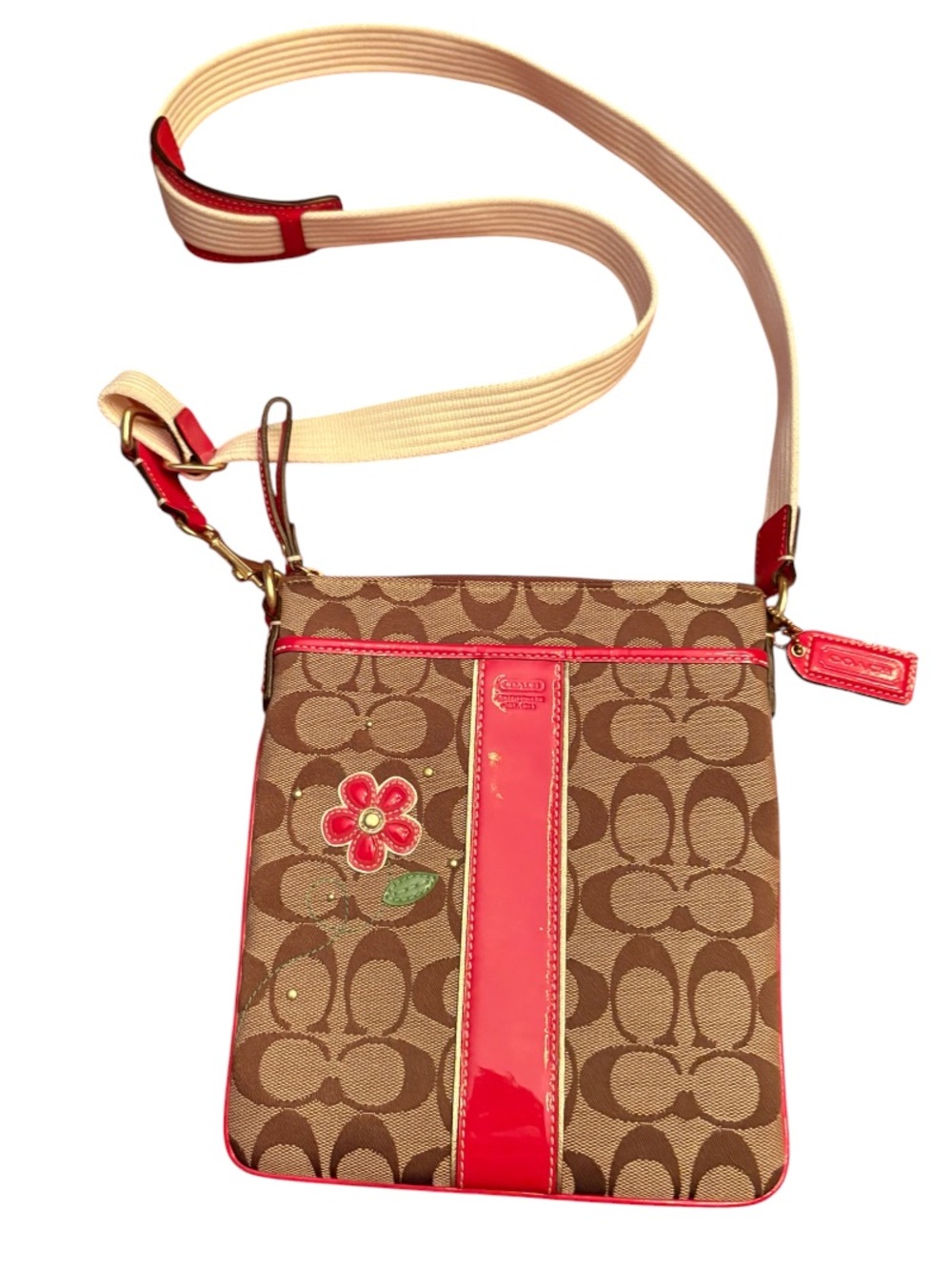 Coach Signature Beige Red Canvas Floral Accent Cross-body Bag 41177